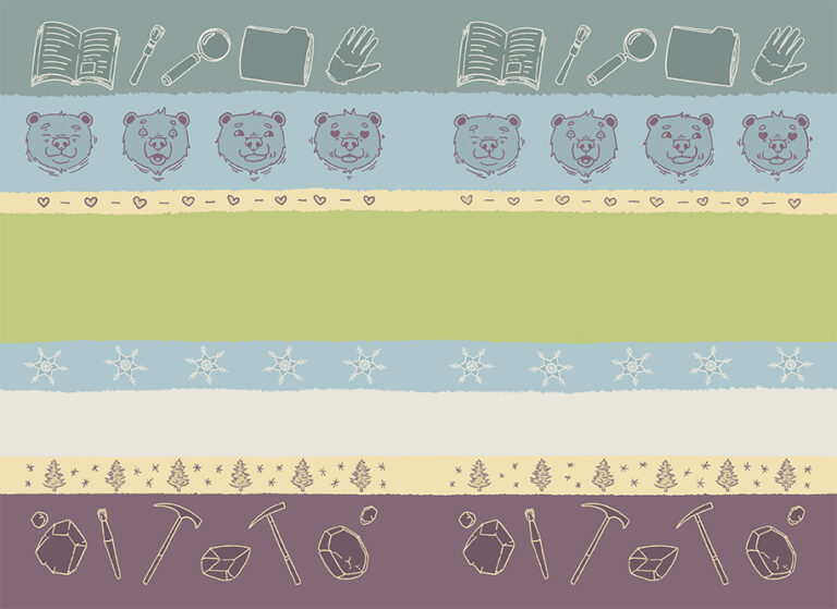 Book cover illustration in a style reminiscent of a Christmas jumper design. The front and back cover show stripes in blue, green, purple and beige pastel tones, some of which are adorned with hearts, snowflakes and small pine trees. The bigger stripes show different icons, for example a row with bear faces, a row with archiving tools, and a row of geologist paraphernalia.