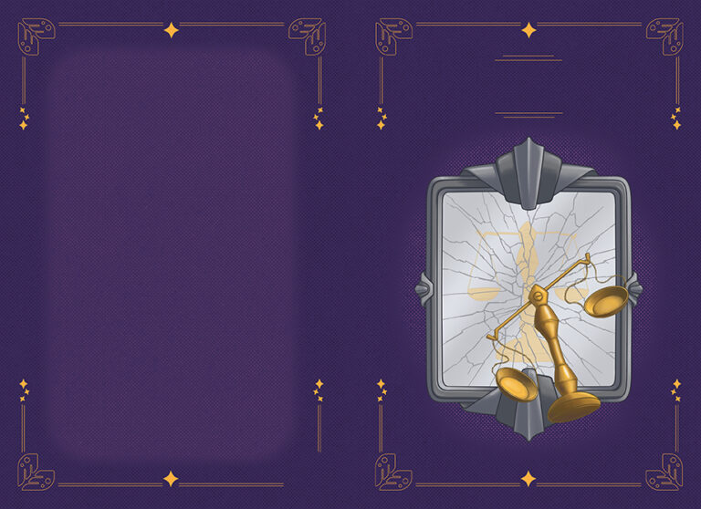 Book cover illustration depicting the front and back cover. The front shows an elaborate, polished metal frame against a purple background. A set of golden scales is floating in front of the mirror. The shattered mirror shows an incorrect reflection of a balanced scale. There are golden filigree embellishments around the edges of the cover, both front and back.