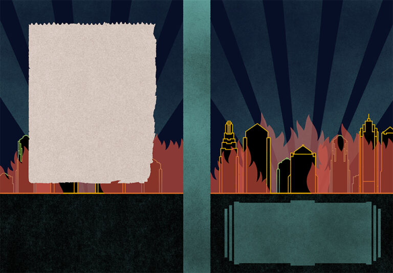 Book cover illustration in a mostly flat art deco style depicting an arrangement of skyscrapers set on fire, and beams of light shooting into the sky from behind them. The bottom border of the front and back cover is black, and there is a green decorative element or frame set against it to allow for text placement. The backcover instead shows a torn piece of newspaper left blank for text.