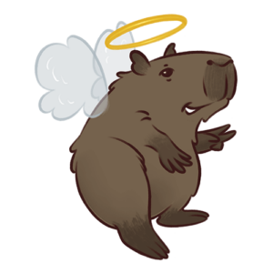 Drawing of a capybara with angel wings and a halo gesturing a peace sign.