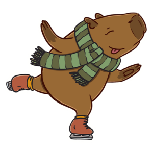 Drawing of a cute capybara ice-skating on one leg. It's wearing a striped green scarf and red skates, and it's sticking its tongue out.