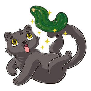 Drawing of a dark grey cat playing with a cucumber soft toy.