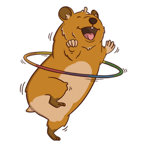 Drawing of a cheerful hamster playing with a hula hoop.