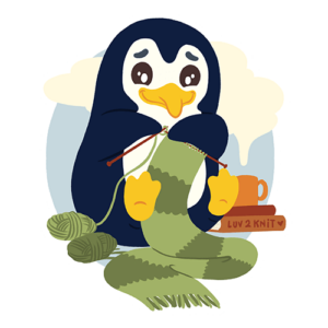 Drawing of a cute penguin knitting a striped green scarf. It's sitting on the ground next to a stack of books with a streaming drink placed on them, and the steam is rising behind the character.