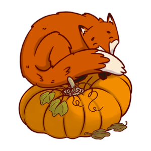 Drawing of a sleeping orange fox on a large pumpkin.