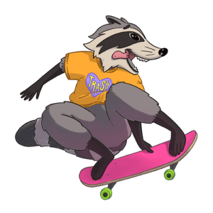 Drawing of a happy racoon wearing an orange t-shirt with a blue heart, a yellow slogan reading 'trash', riding a pink skateboard.